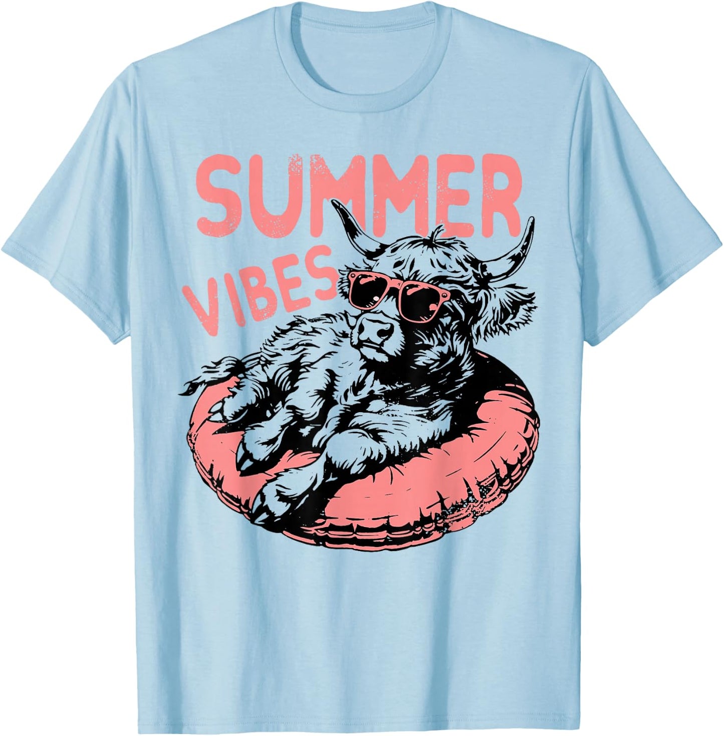 Summer Vibes Cute Sunglasses Cow Float Swimming T-Shirt - T-Shirt | Light Blue