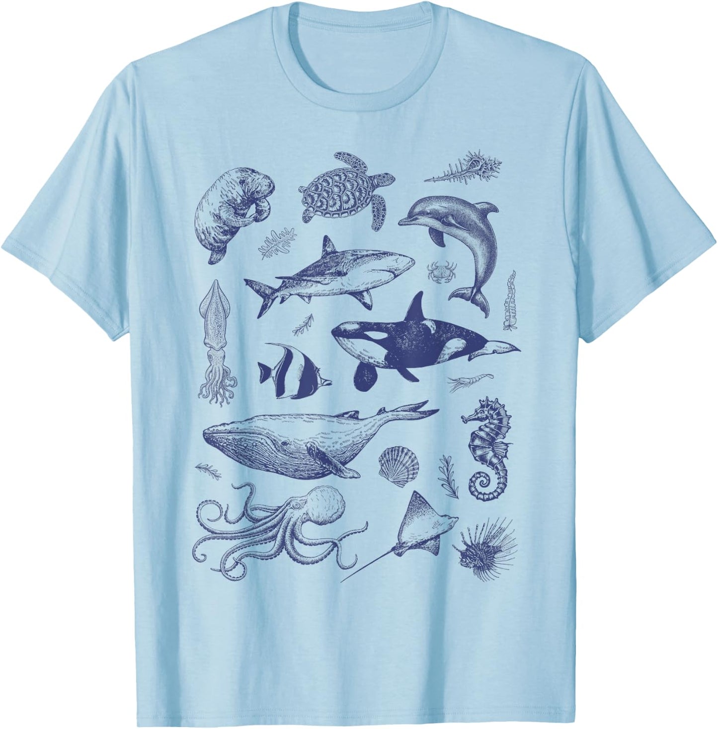 Ocean Wildlife Vintage Shark Turtle Octopus Graphic T-Shirt - T-Shirt | Light Blue