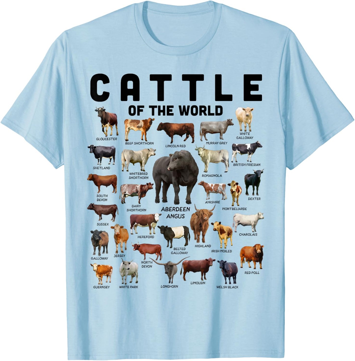 Cow Shirt Cattle Of The World Types Of Cows Funny Farmer T-Shirt - T-Shirt | Light Blue