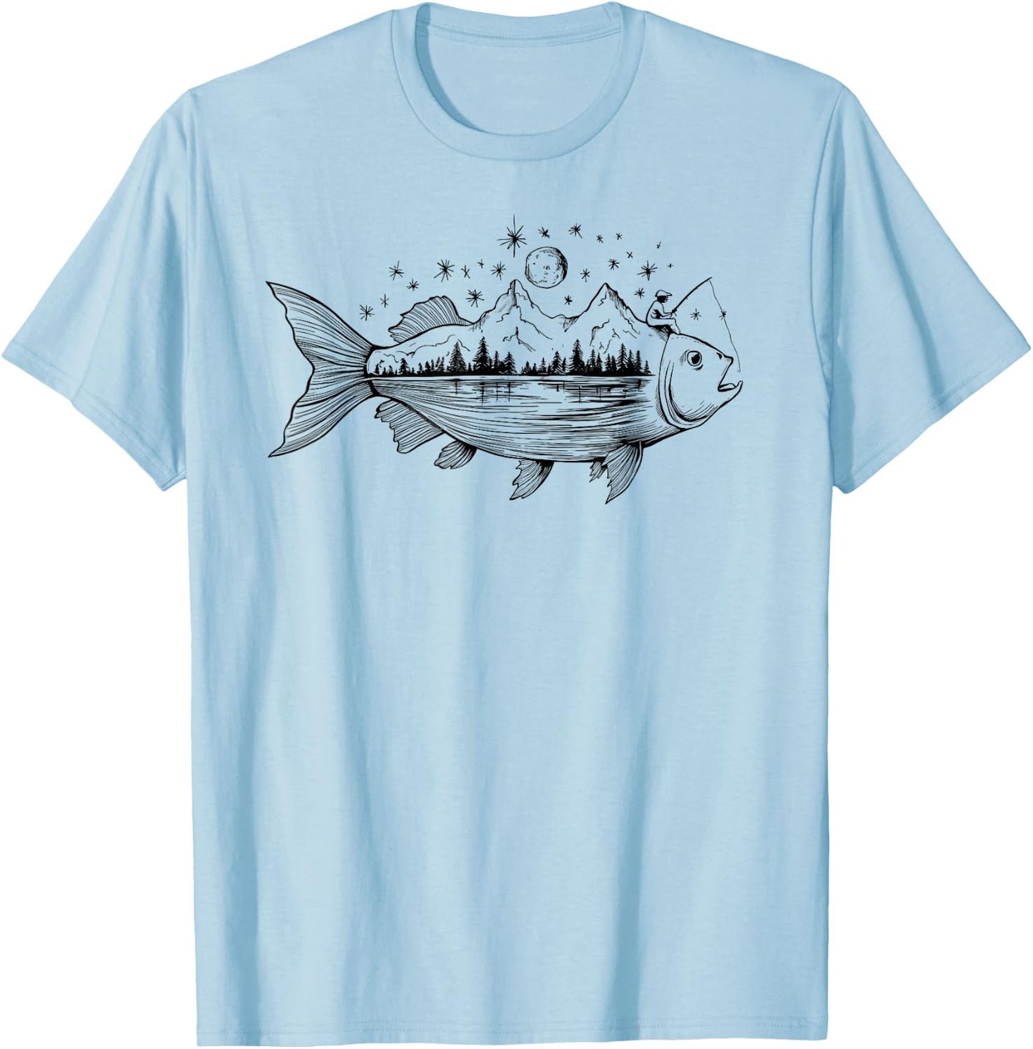 Cool Fish Shaped from Mountains Nature Scene Fishing T-Shirt - T-Shirt | Light Blue