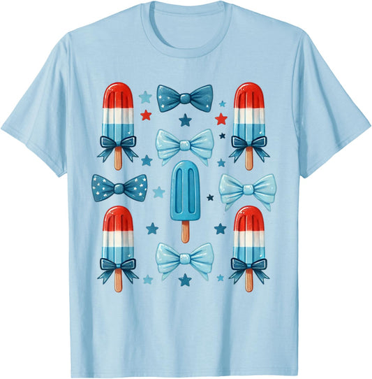 4th of July Cute Popsicle Bows Patriotic Women T-Shirt - T-Shirt | Light Blue