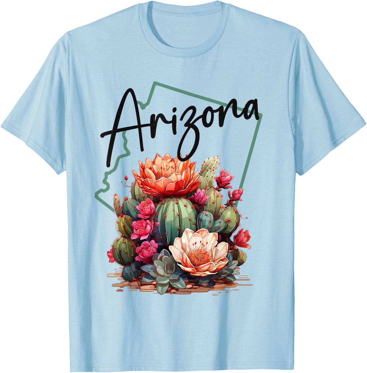 Love State Of Arizona Blooming Cactus Flowers T-Shirt - T-Shirt | Light Blue