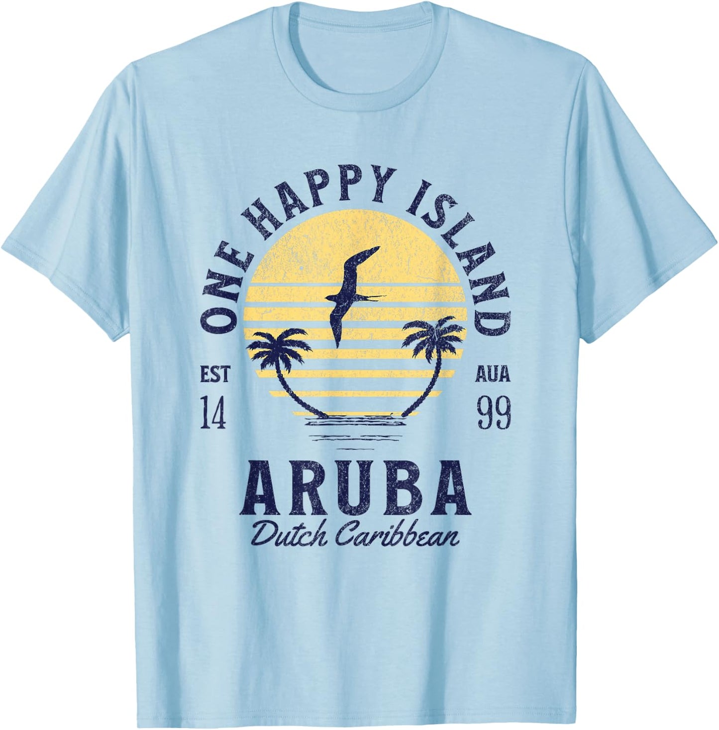 One Happy Island Aruba Shirt Retro Sunset Palm Ocean Vintage T-Shirt - T-Shirt | Light Blue