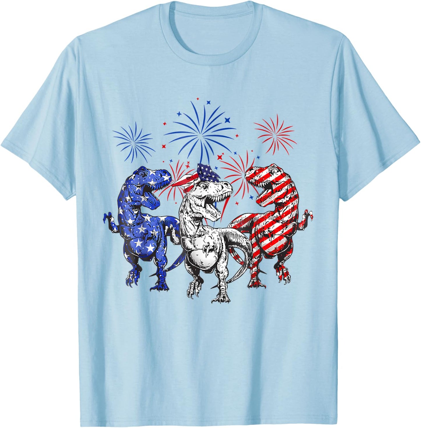 Red White Blue T Rex Dinosaur Firework 4th Of July Kids Men T-Shirt - T-Shirt | Light Blue
