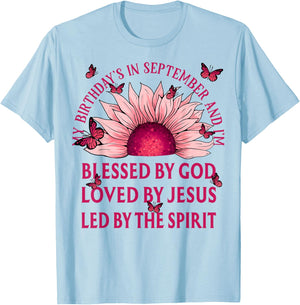 Blessed By God September Birth Month Pink Sunflower T-Shirt - T-Shirt | Light Blue