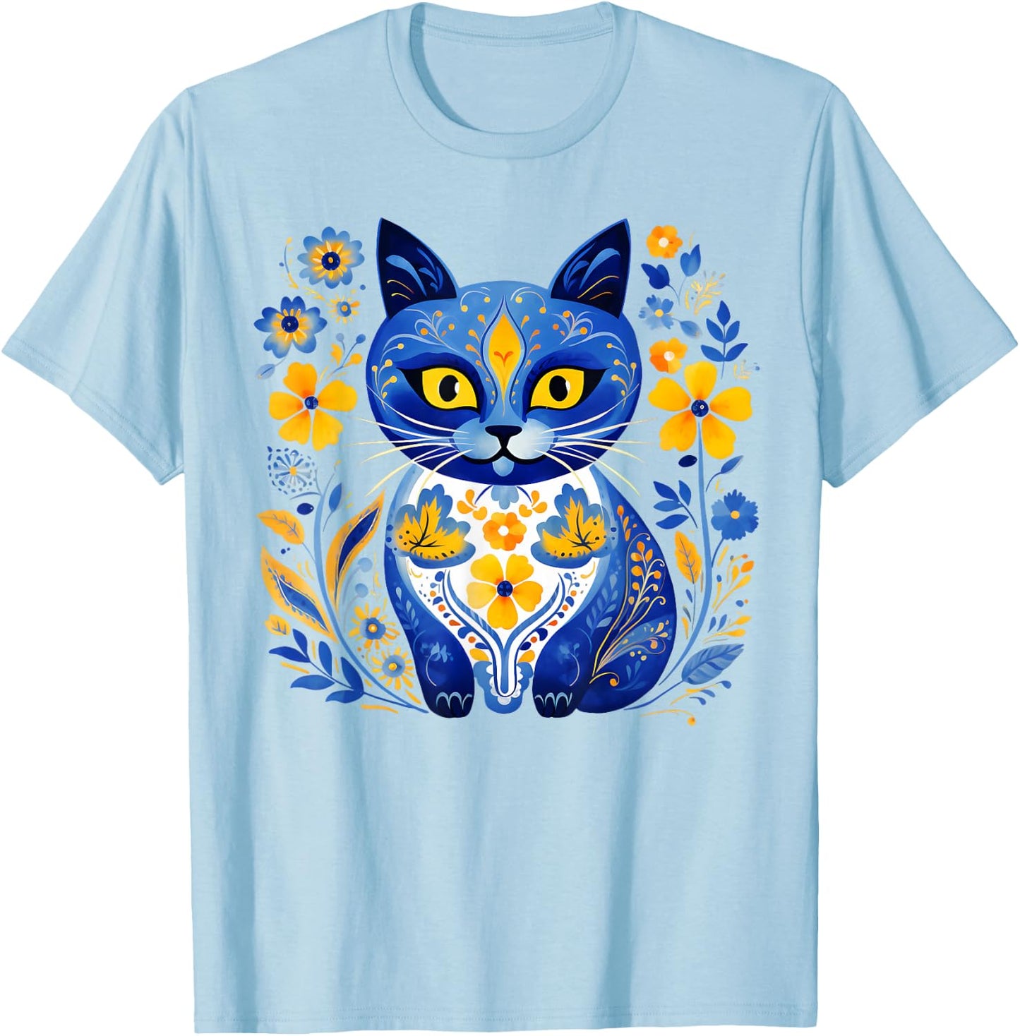 Ukraine Cat Floral Vintage Ukrainian Flag Vyshyvanka Style T-Shirt - T-Shirt | Light Blue