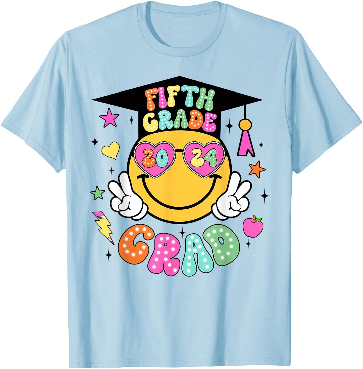 Groovy 5th Grade Graduate Happy Face Graduation 2024 Grad T-Shirt - T-Shirt | Light Blue