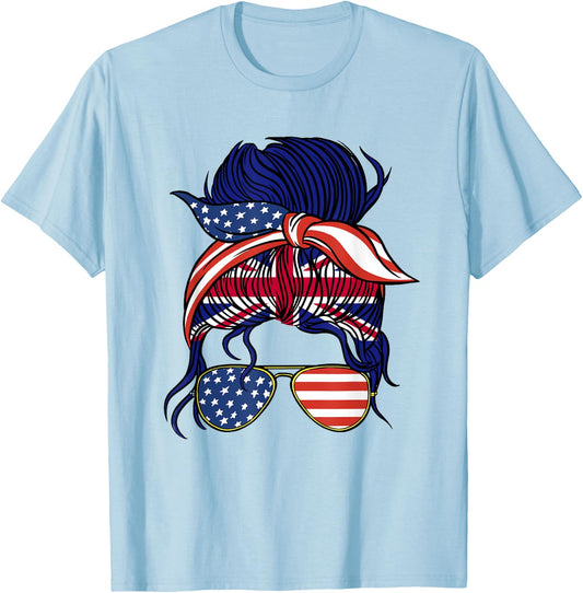 Half American British Roots United Kingdom USA Messy Bun UK T-Shirt - T-Shirt | Light Blue