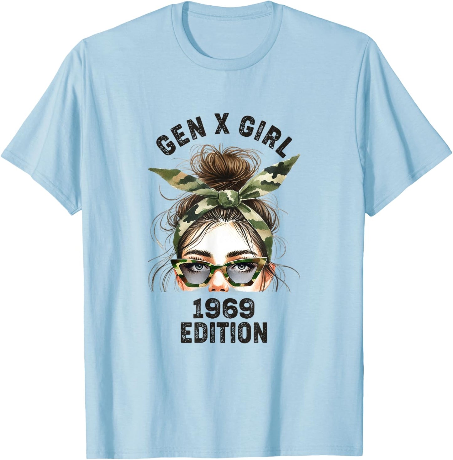 Gen X Girl 1969 Edition Retro Camouflage Headband messy bun T-Shirt - T-Shirt | Light Blue