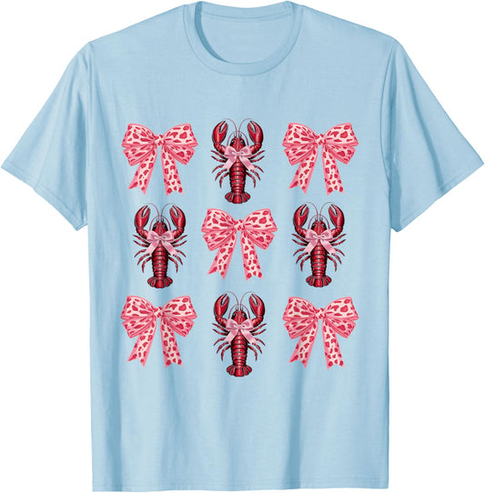 Cute Pink Bow Coquette Crawfish Clean Girl Aesthetic Lobster T-Shirt - T-Shirt | Light Blue