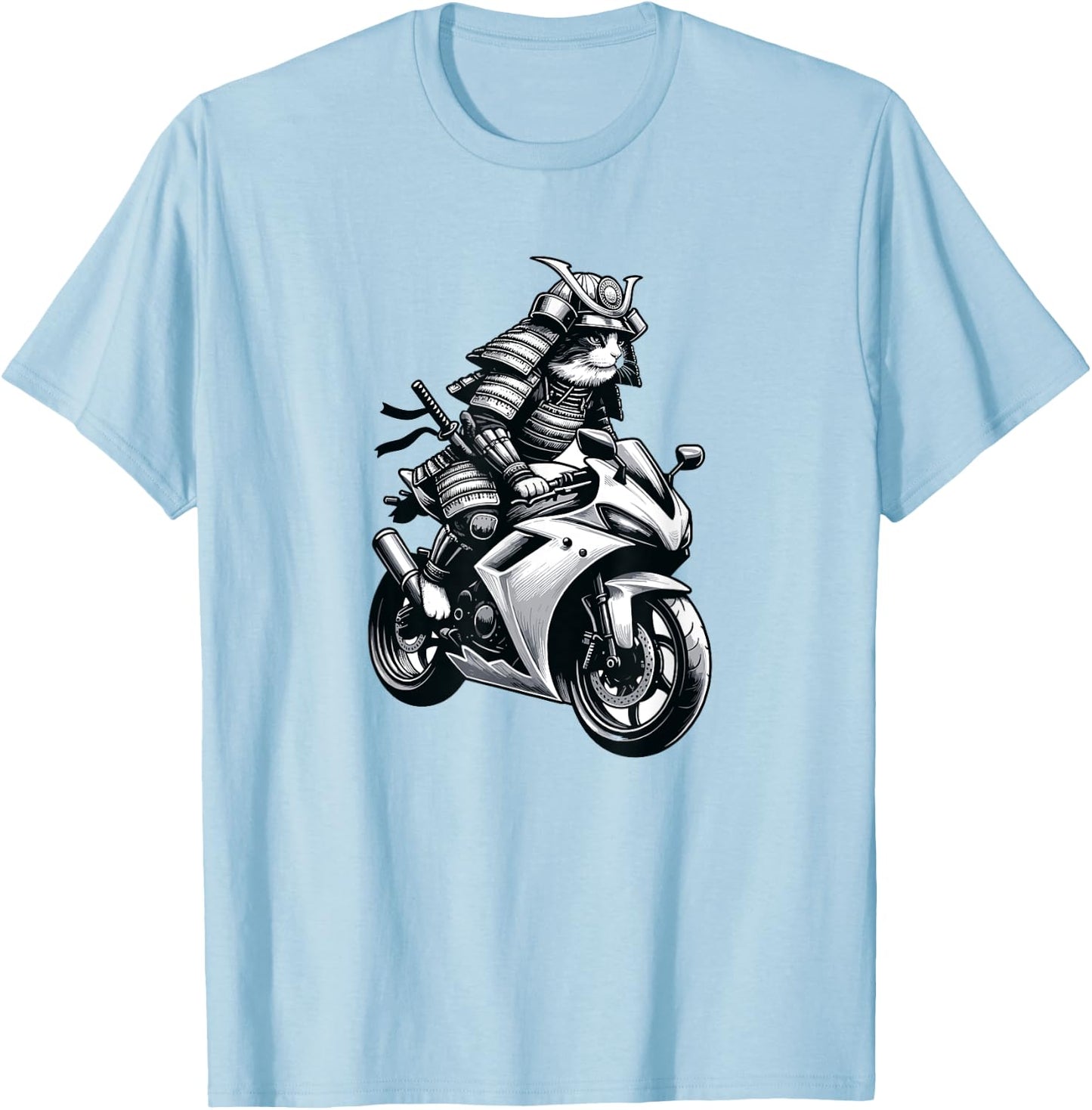 Japanese Samurai Ninja Cat Riding a Motorcycle Crotch Rocket Men Women T-Shirt - T-Shirt | Light Blue