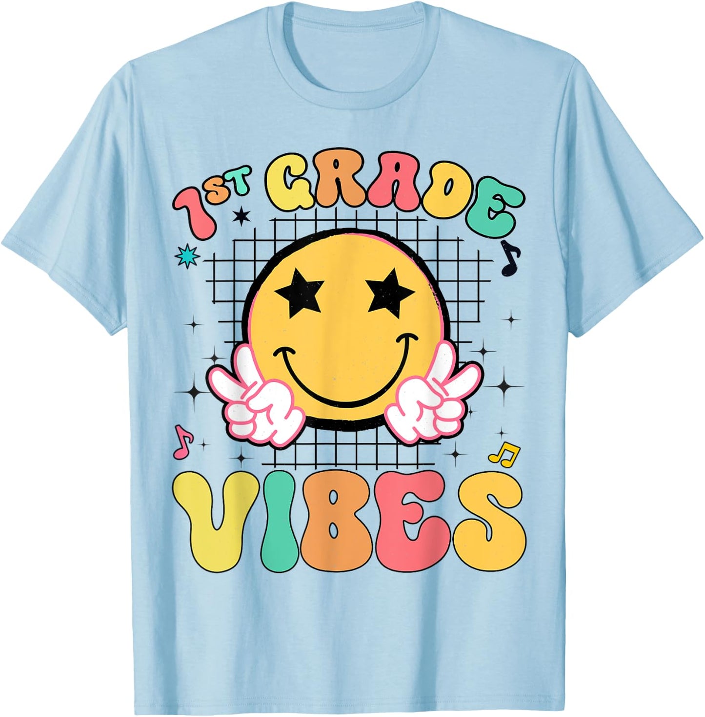 Girls 1st Grade Vibes Smile Face Back to School First Grade T-Shirt - T-Shirt | Light Blue