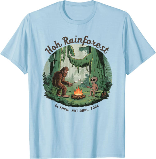 Funny Bigfoot & Alien Gifts And Shirts Bigfoot & Alien Camping Hoh Rainforest Olympic National Park -Adults Kids White Short Sleeve Classic Fit Cotton Blend Machine Wash Size Small
