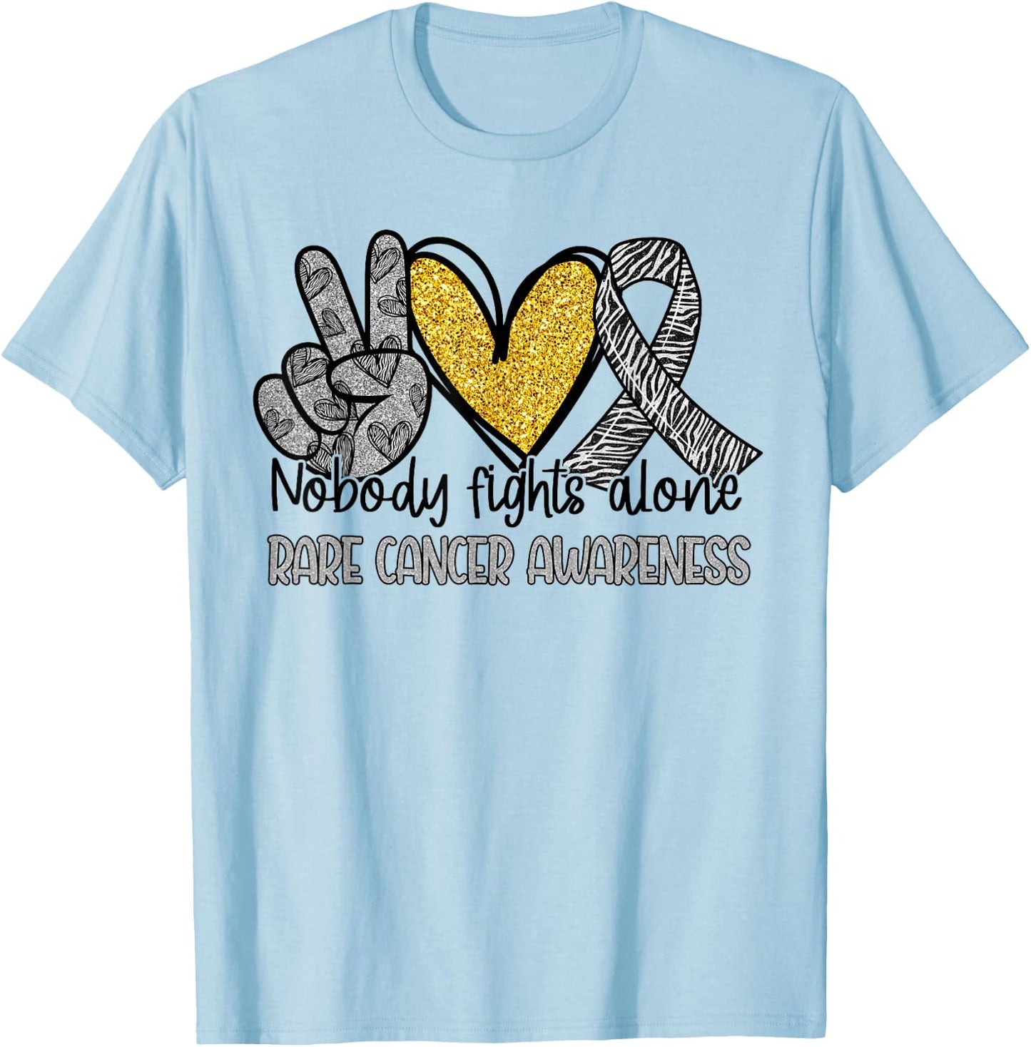 Nobody Fights Alone Zebra Ribbon Rare Cancer Awareness T-Shirt - T-Shirt | Light Blue