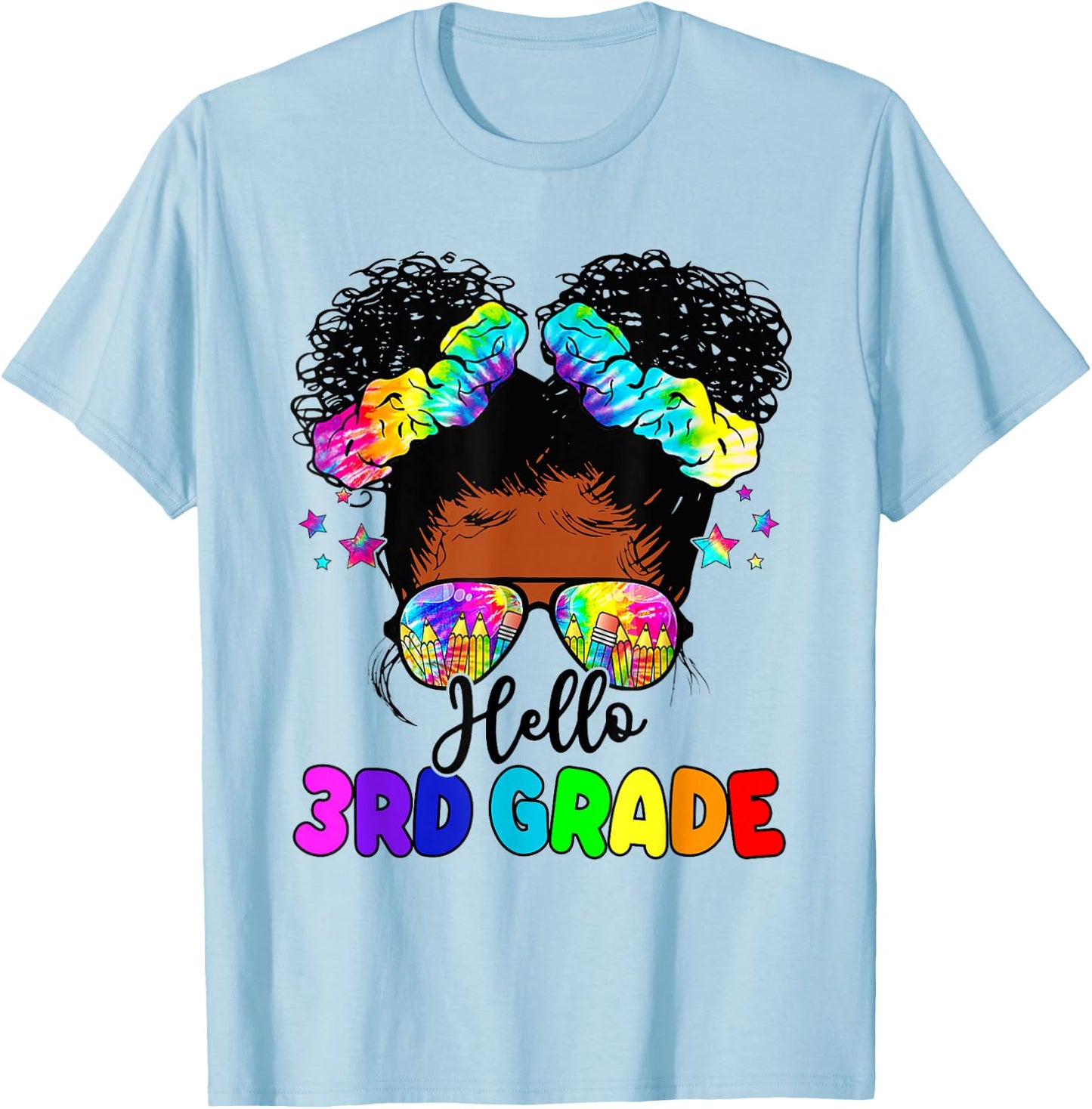 Hello 3rd Grade Black Messy Bun Girls Kids Back To School T-Shirt - T-Shirt | Light Blue