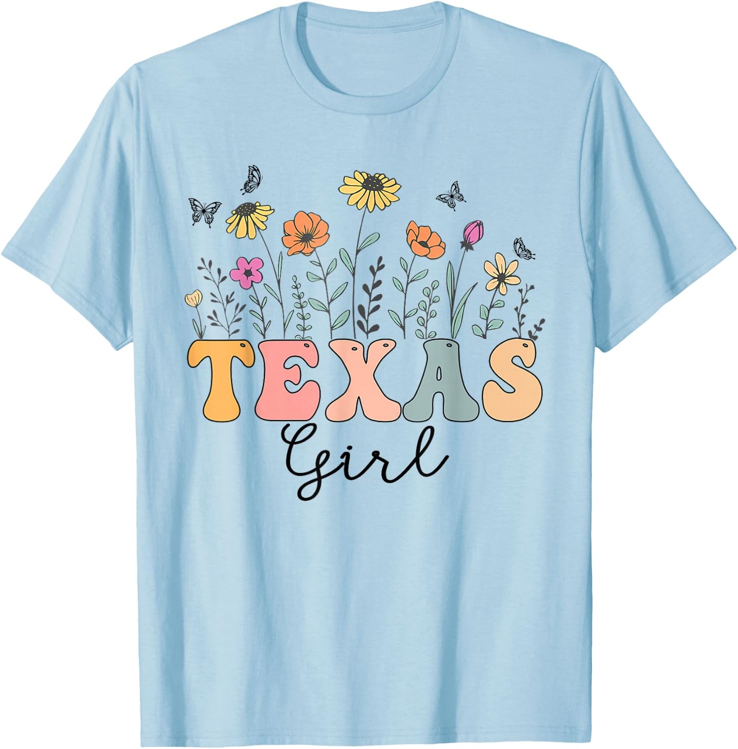 Texas Girl Wildflower Groovy Texas Lover T-Shirt - T-Shirt | Light Blue