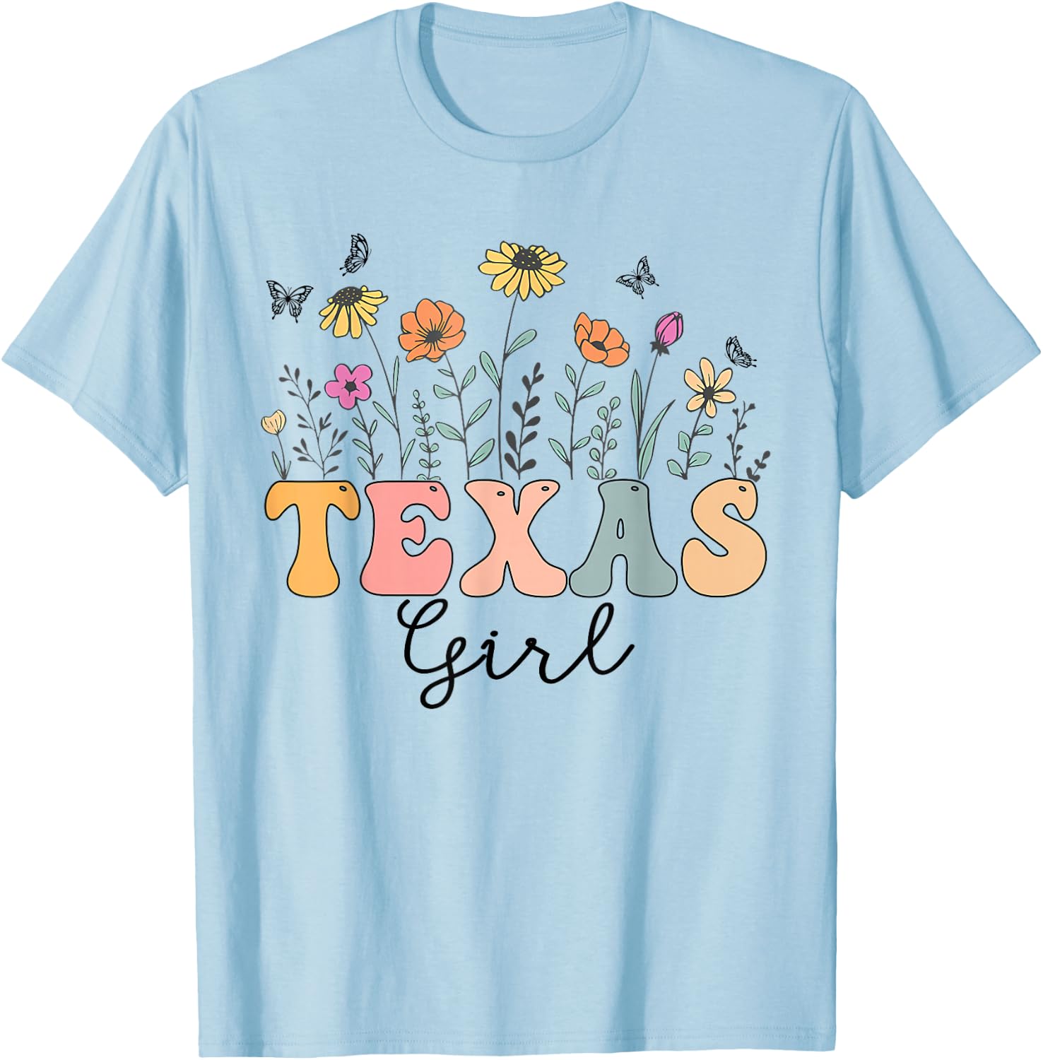 Texas Girl Wildflower Groovy Texas Lover T-Shirt - T-Shirt | Light Blue