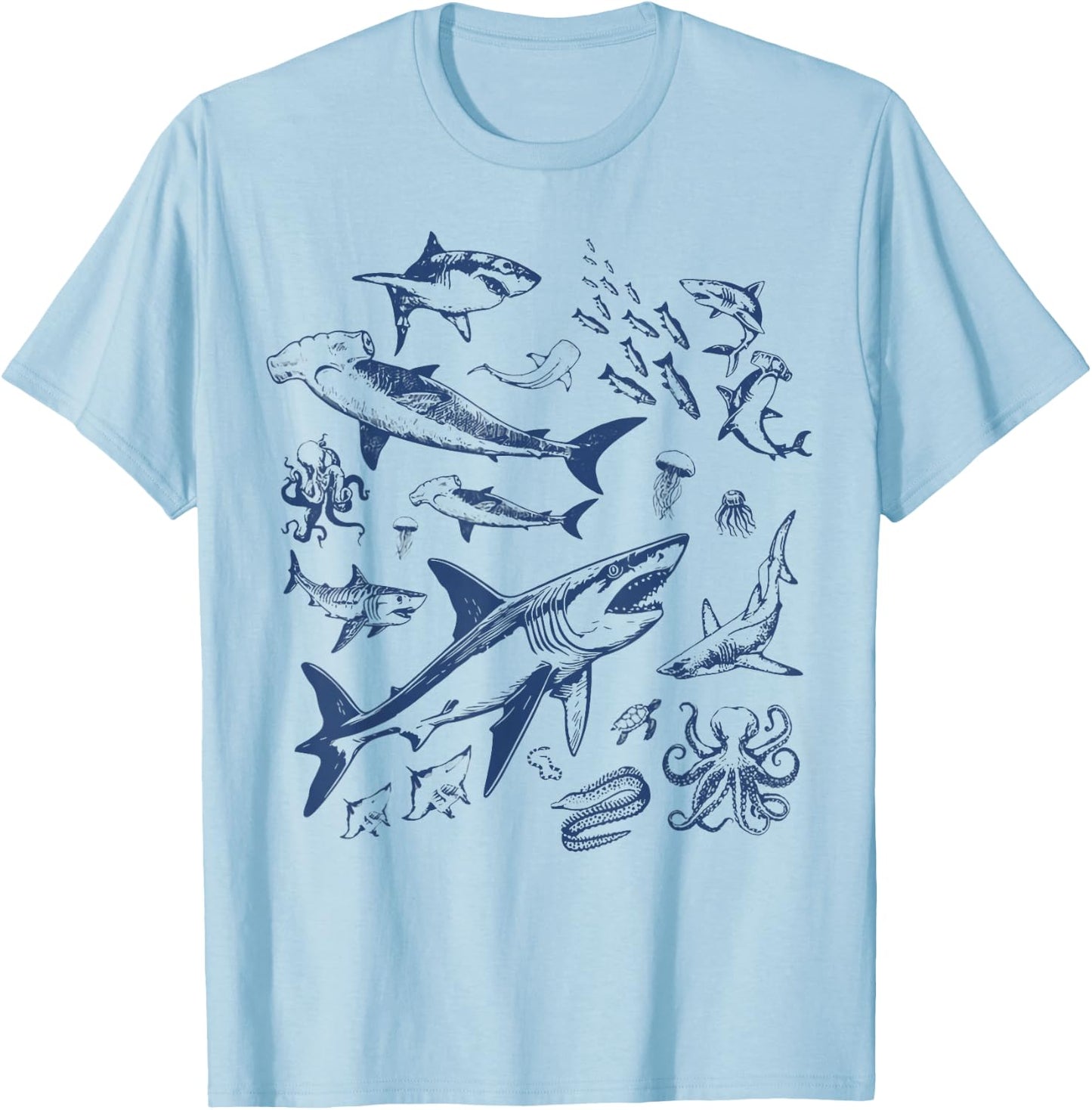 Retro Ocean Animal Wildlife Shark Fish Octopus Nature T-Shirt - T-Shirt | Light Blue