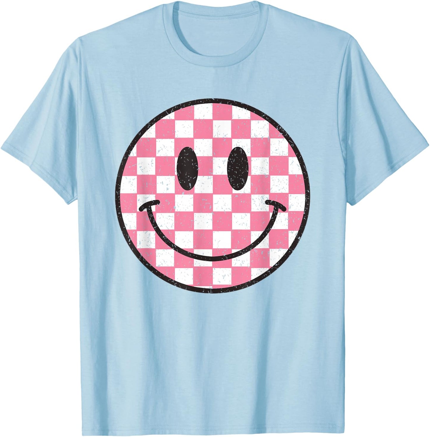Pink Checkered Smile Face Shirt Cute Smiling Face Kids Fun T-Shirt - T-Shirt | Light Blue