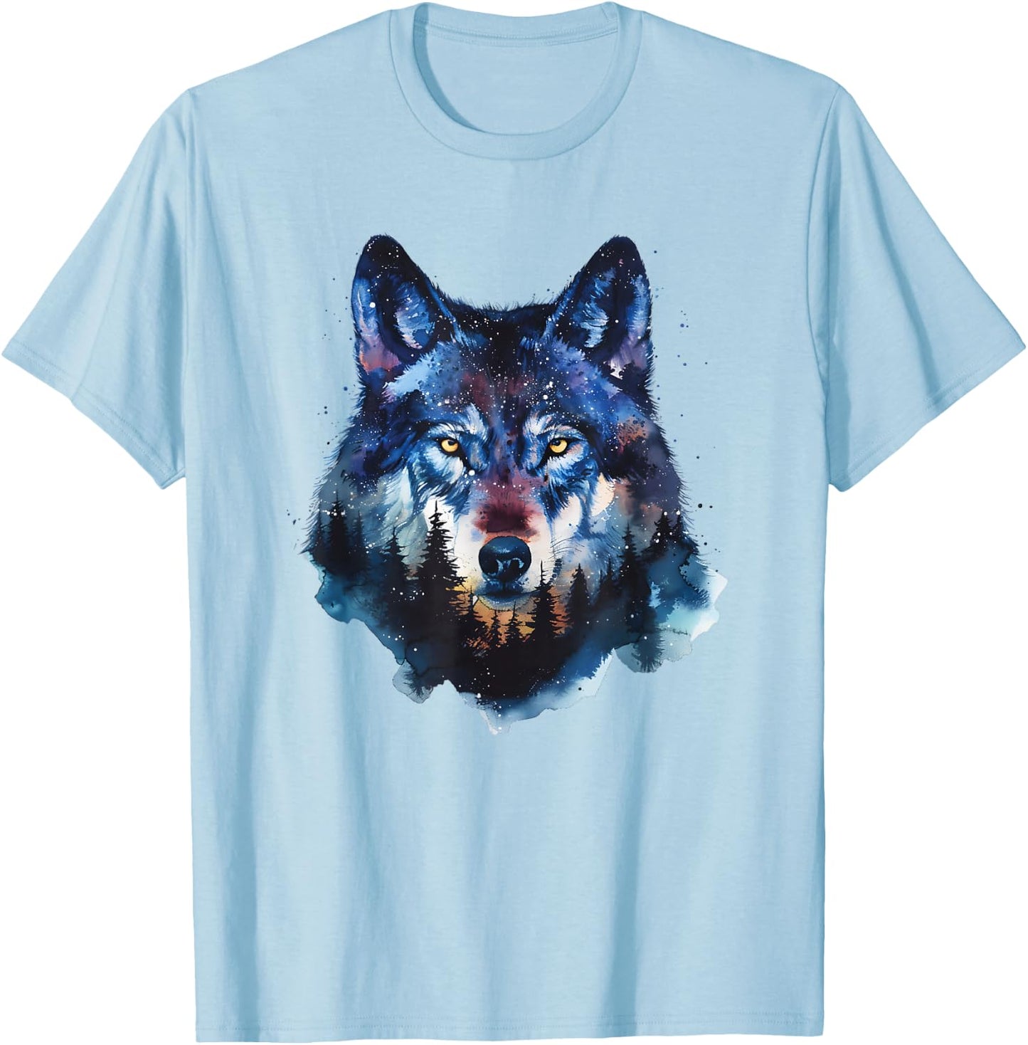 Wolf Splash Art Animal Face Forest Landscape Wolf T-Shirt - T-Shirt | Light Blue