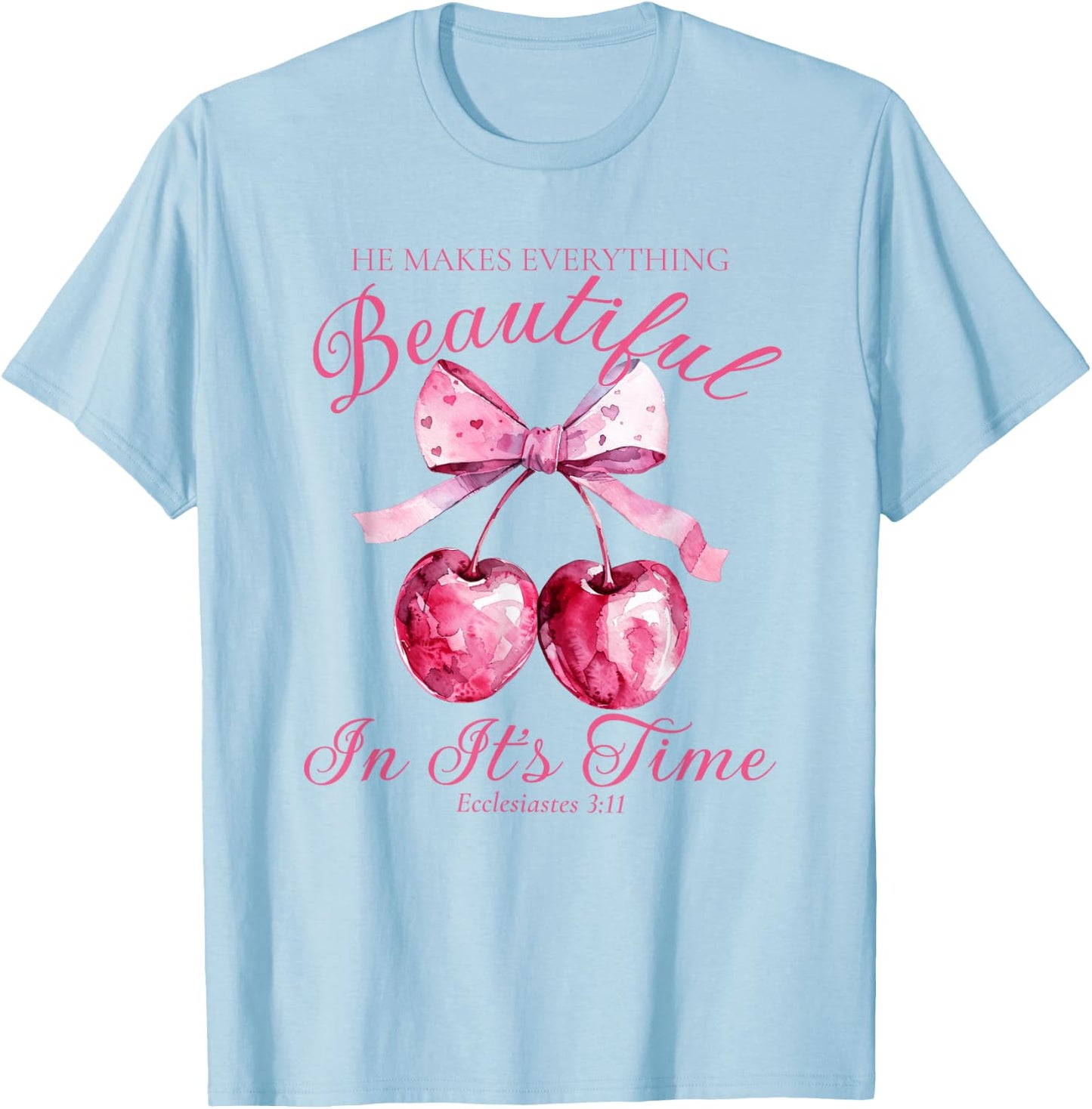 Crochet Pink Bow Cherry Bible Verse Jesus Coquette Christian T-Shirt - T-Shirt | Light Blue