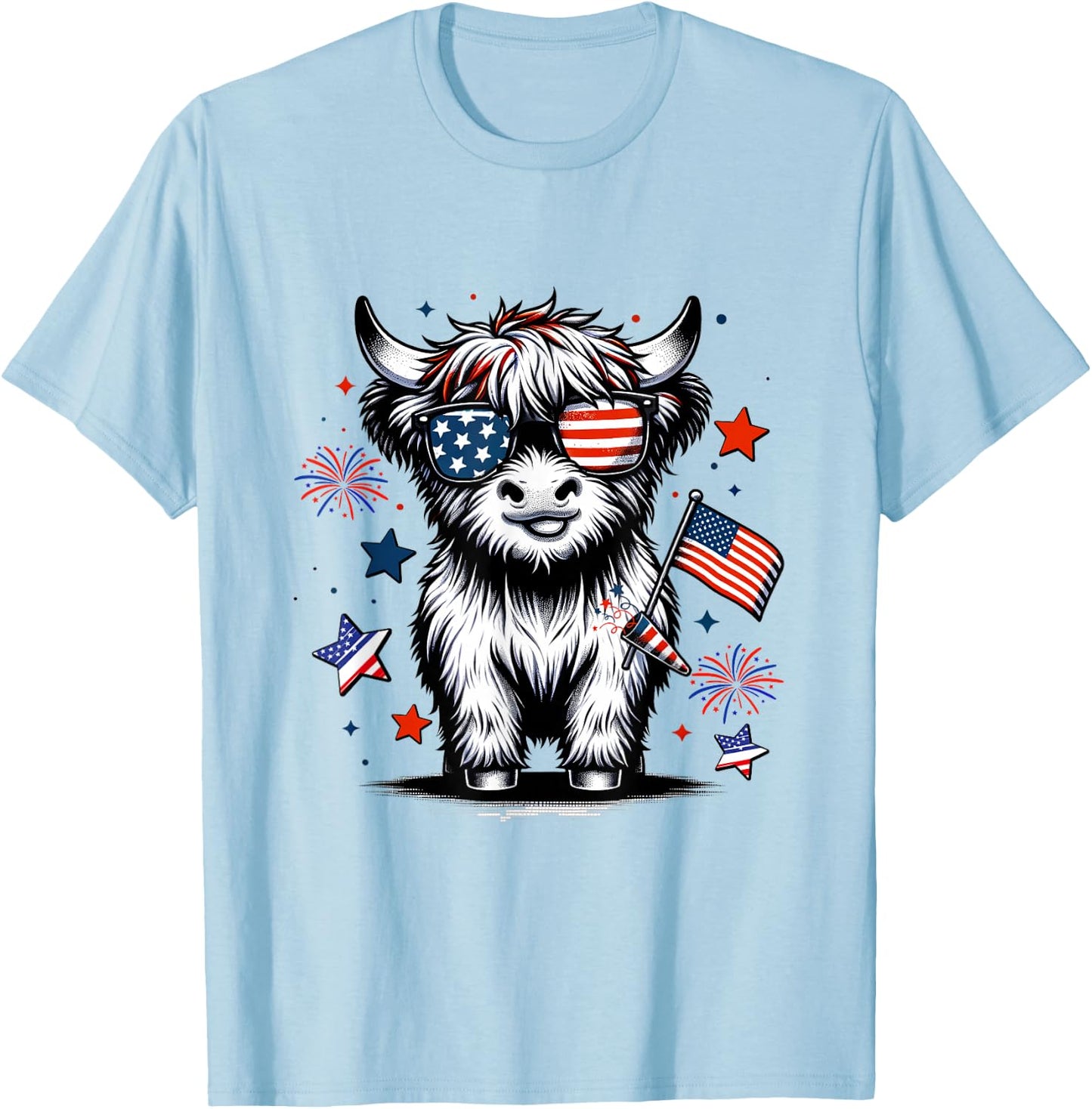 Cute Highland Cow 4th of July USA Flag Patriotic Cow Farmer T-Shirt - T-Shirt | Light Blue