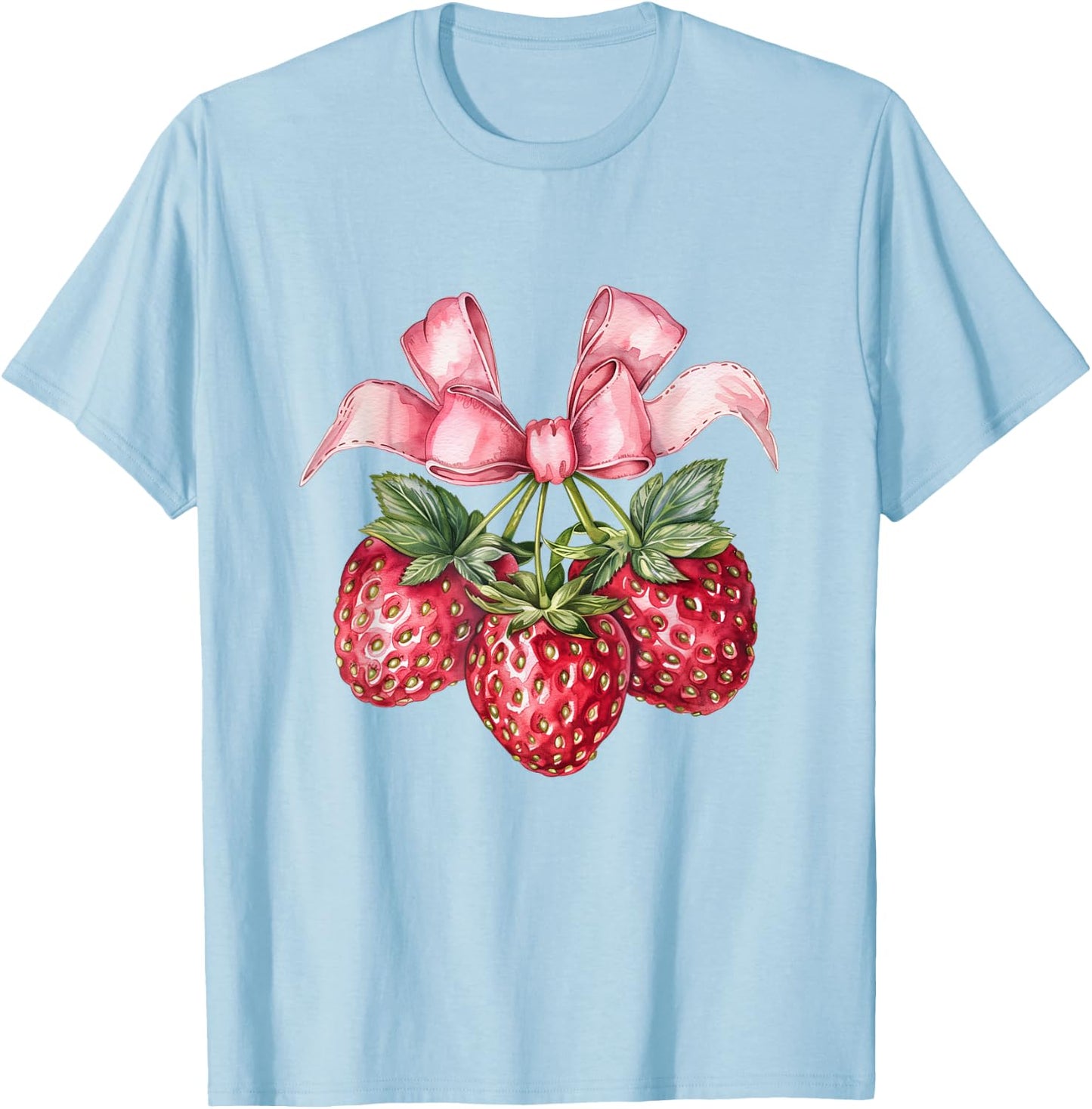 Coquette Bow with Strawberries Kawaii Sweetness T-Shirt - T-Shirt | Light Blue