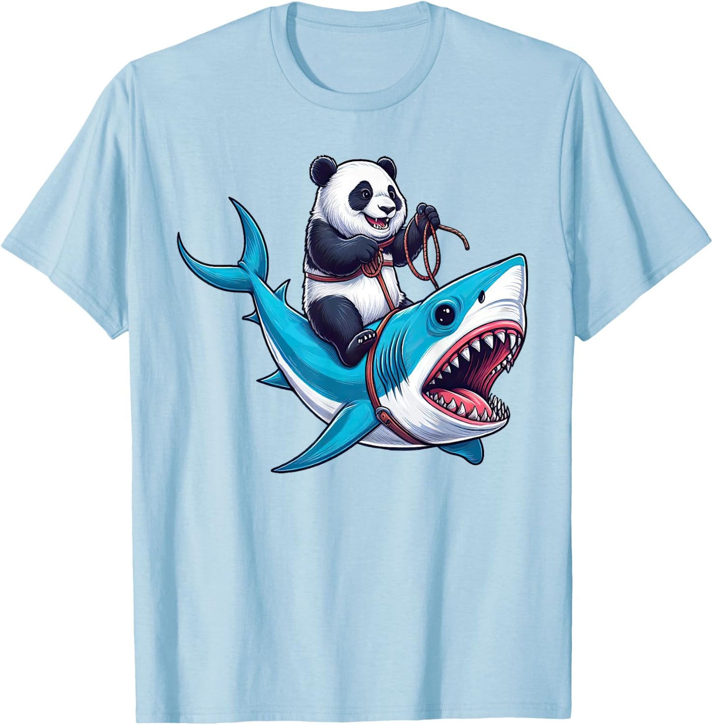 Panda Riding Shark Funny Boys Girls Kids T-Shirt - T-Shirt | Light Blue