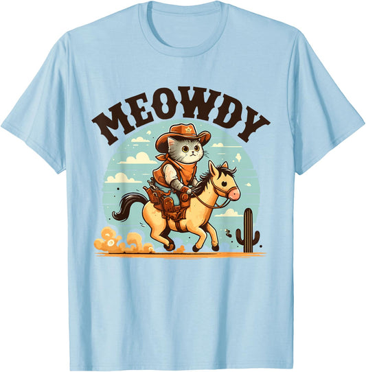 Meowdy Partner Cat Cowboy Horse Howdy Funny Country Western T-Shirt - T-Shirt | Light Blue