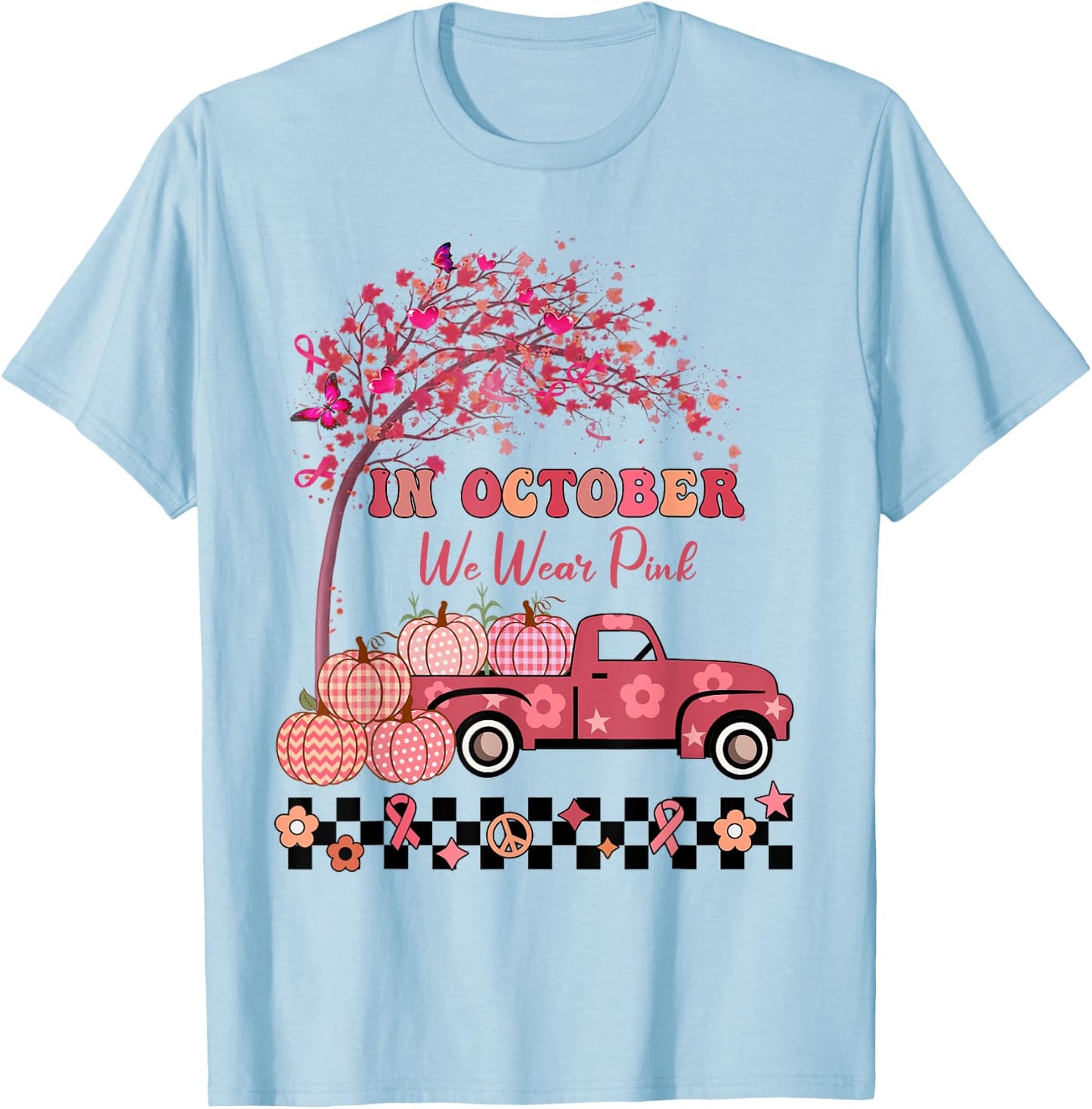 In October We Wear Pink Truck Breast Cancer Awareness Gifts T-Shirt - T-Shirt | Light Blue