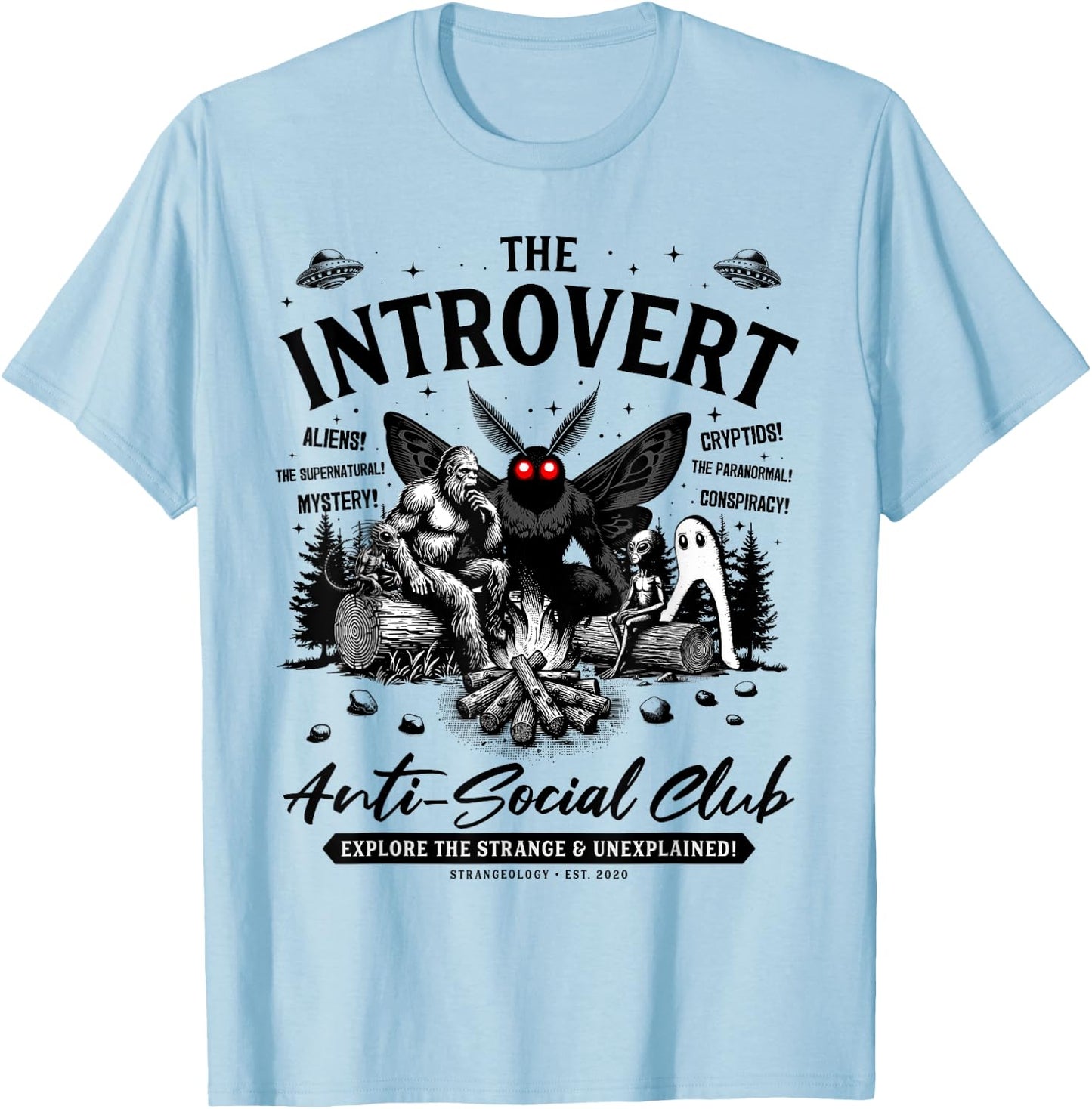 The Introvert Social Club Bigfoot Mothman Alien Creature T-Shirt - T-Shirt | Light Blue
