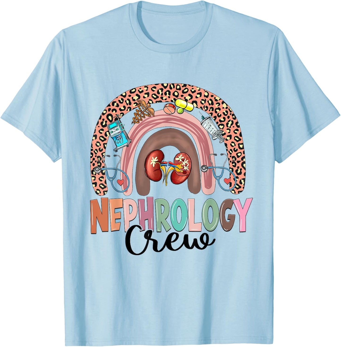 Nephrology Crew Rainbow Kidney Leopard Nephrology Nurse T-Shirt - T-Shirt | Light Blue