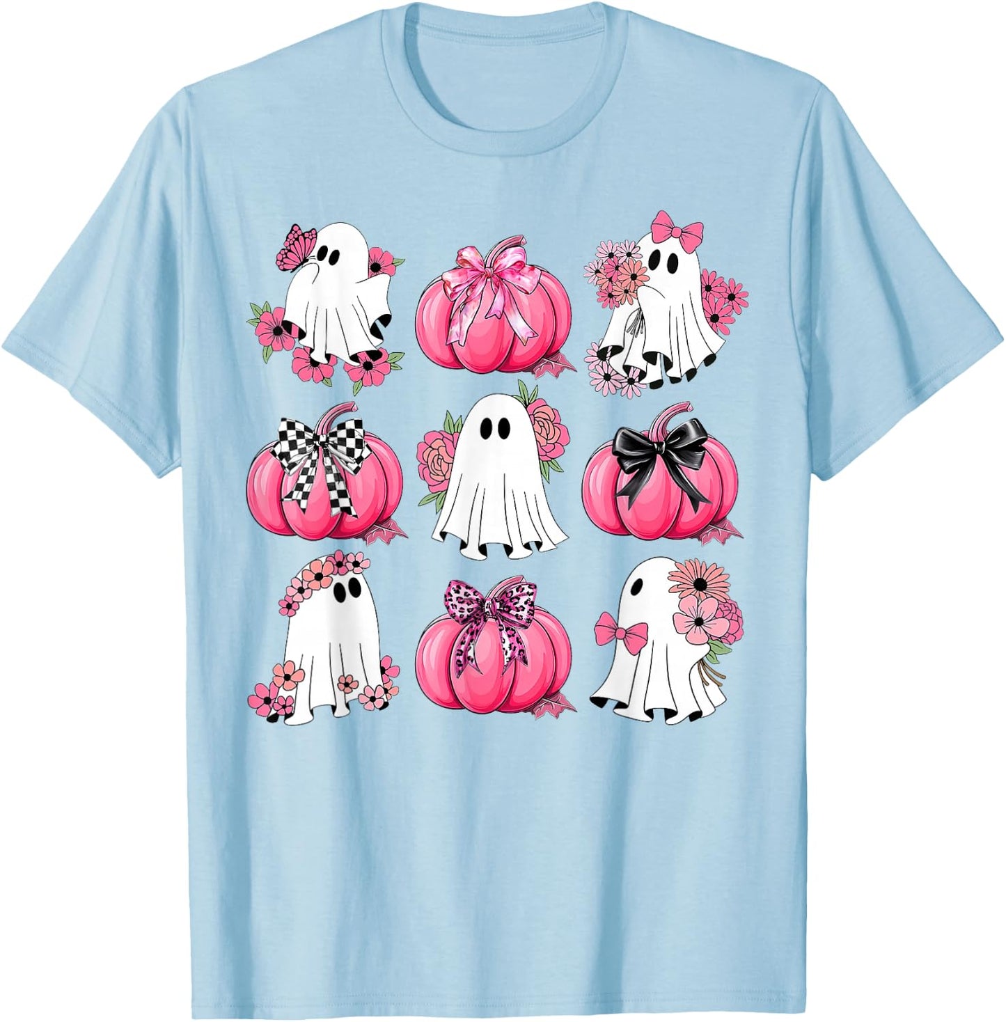 Cute Ghost Florals Pink Coquette Bows Pumpkins Halloween T-Shirt - T-Shirt | Light Blue