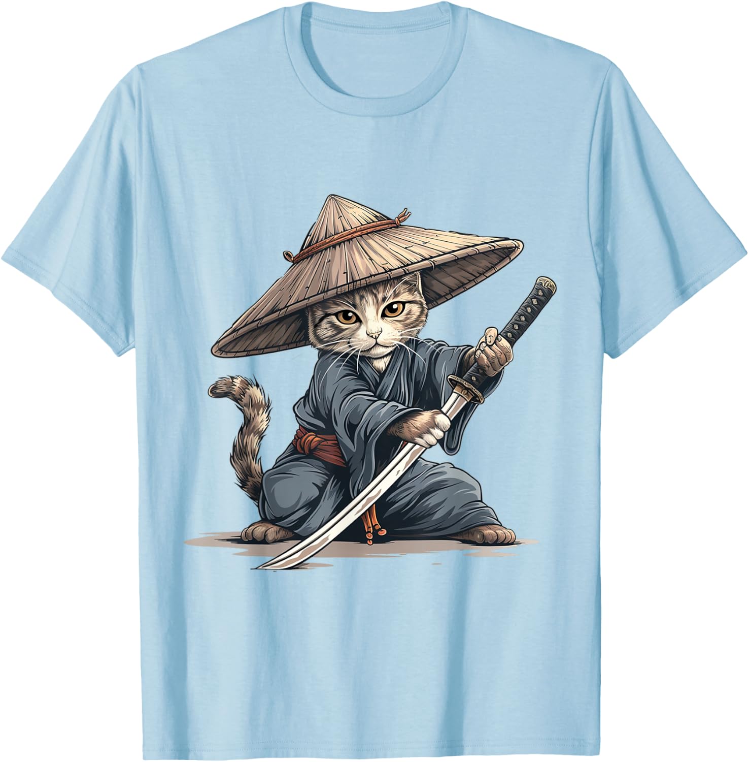 Japanese Art Cat Ninja Ukiyo-e Anime Style Samurai Cat T-Shirt - T-Shirt | Light Blue