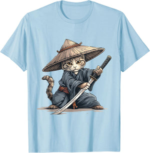 Japanese Art Cat Ninja Ukiyo-e Anime Style Samurai Cat T-Shirt - T-Shirt | Light Blue