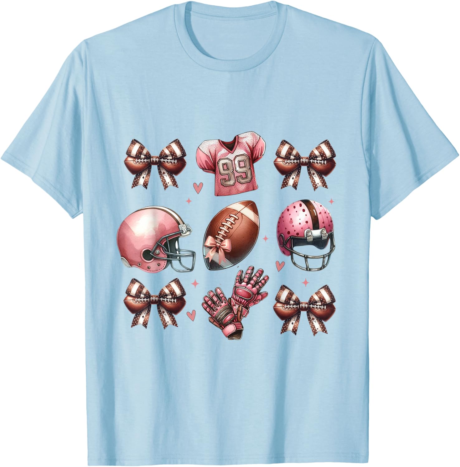 Football Bows and Pink Helmet Jersey Gloves Design Mom Girl T-Shirt - T-Shirt | Light Blue