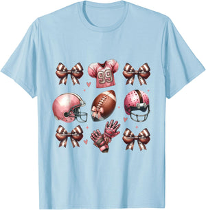 Football Bows and Pink Helmet Jersey Gloves Design Mom Girl T-Shirt - T-Shirt | Light Blue