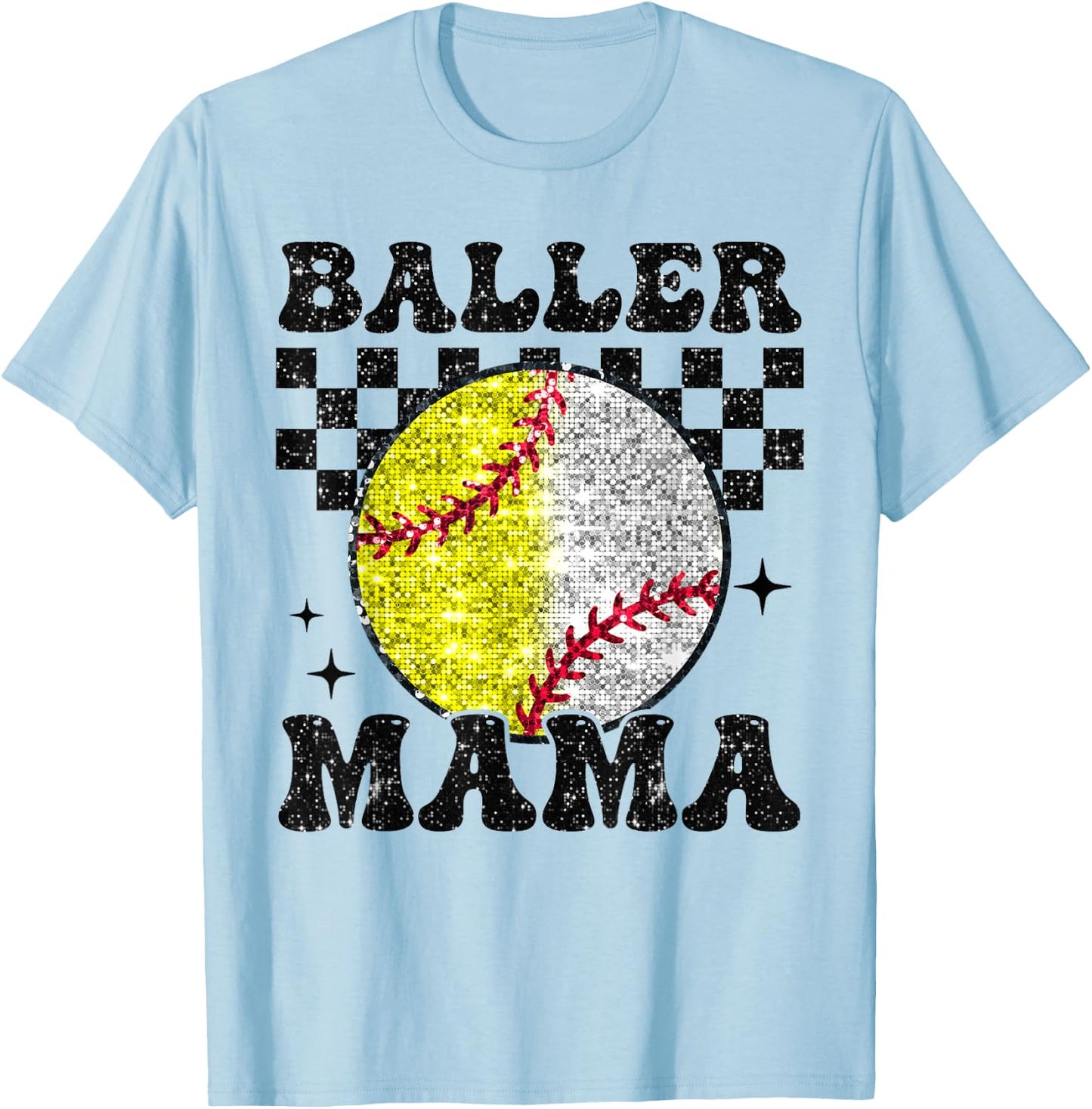 Baller Mama Checkered Retro Proud Softball Baseball Player T-Shirt - T-Shirt | Light Blue