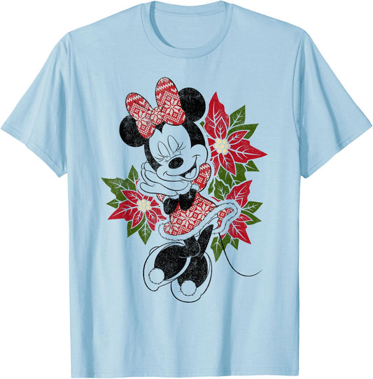 Disney Minnie Mouse Holiday Floral Christmas Portrait T-Shirt - T-Shirt | Light Blue