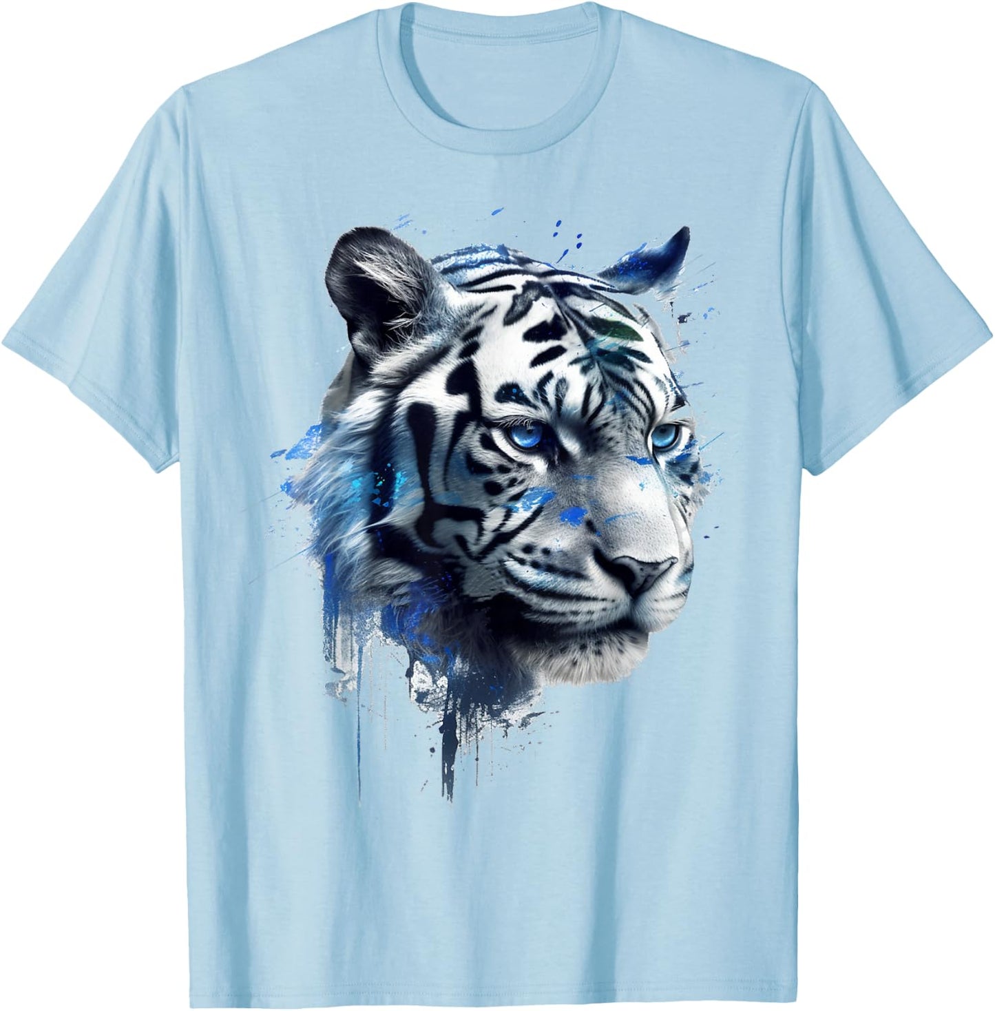 Tiger in White - Blue Eyes - Animal Art Tiger T-Shirt - T-Shirt | Light Blue