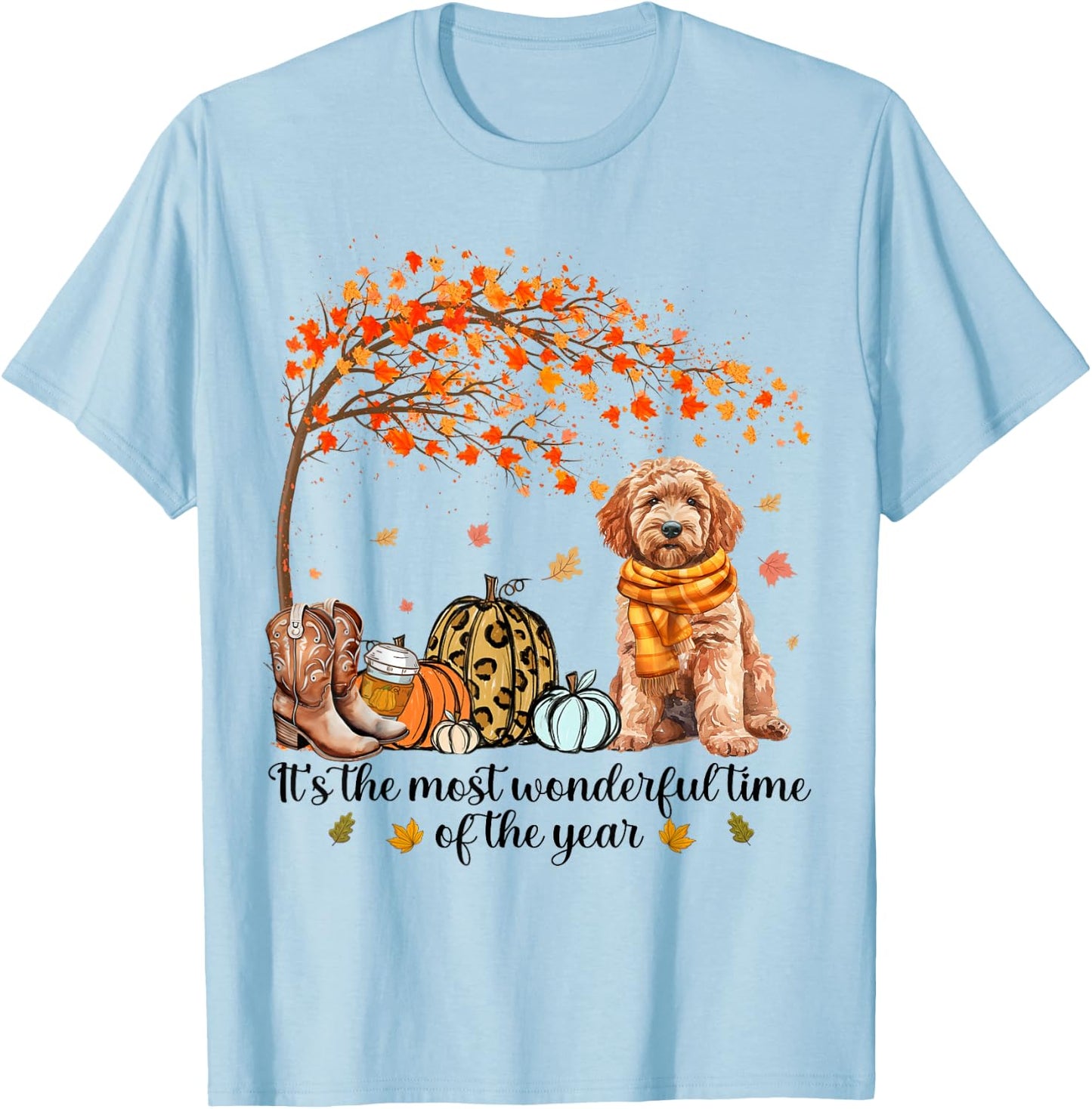 It’s The Most Wonderful Time Goldendoodle Pumpkins Autumn T-Shirt - T-Shirt | Light Blue