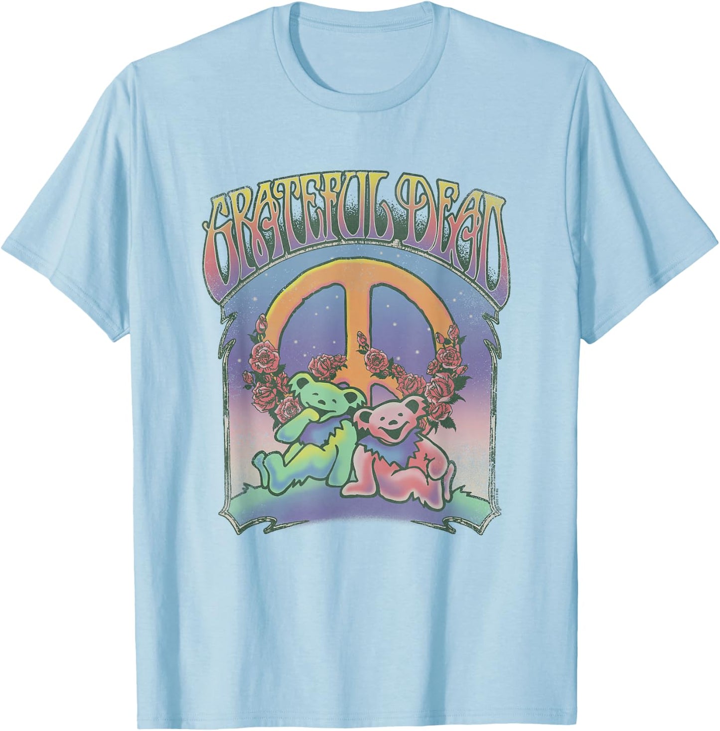 Grateful Dead Bears with Peace Sign and Roses Vintage Band T-Shirt - T-Shirt | Light Blue