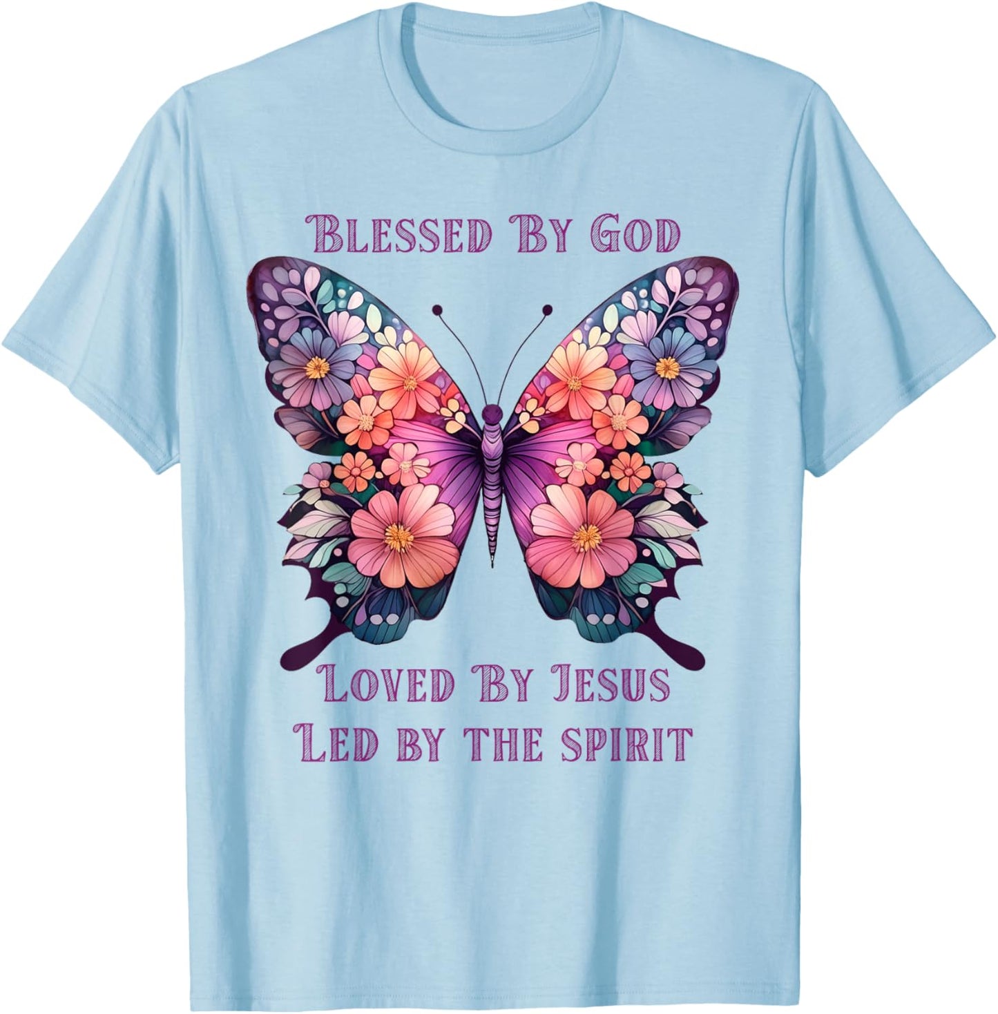 Blessed by God Loved by Jesus Purple Butterfly T-Shirt - T-Shirt | Light Blue