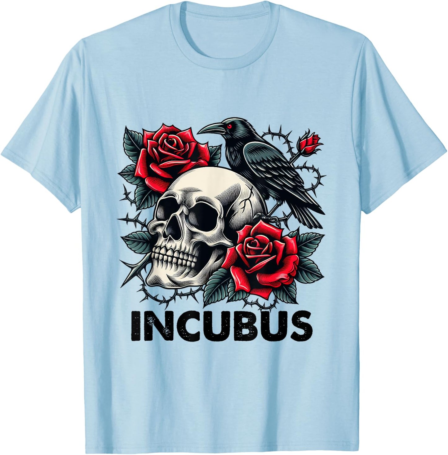 Retro Halloween Graphic Incubus-Crow Left Skull And Flower T-Shirt - T-Shirt | Light Blue
