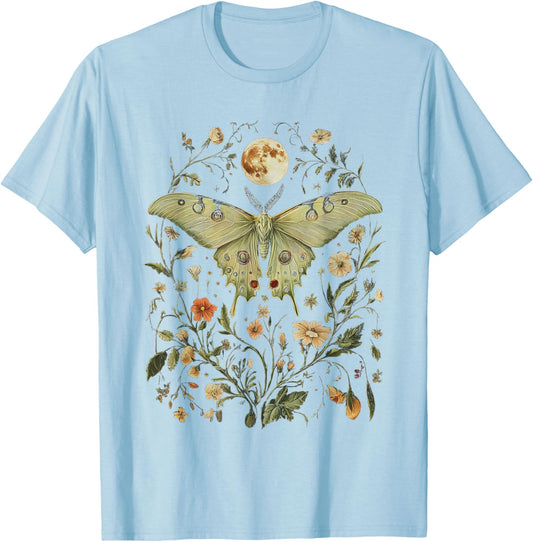Goblincore Moth and Butterfly Moonphases Flowers Cottagecore T-Shirt - T-Shirt | Light Blue