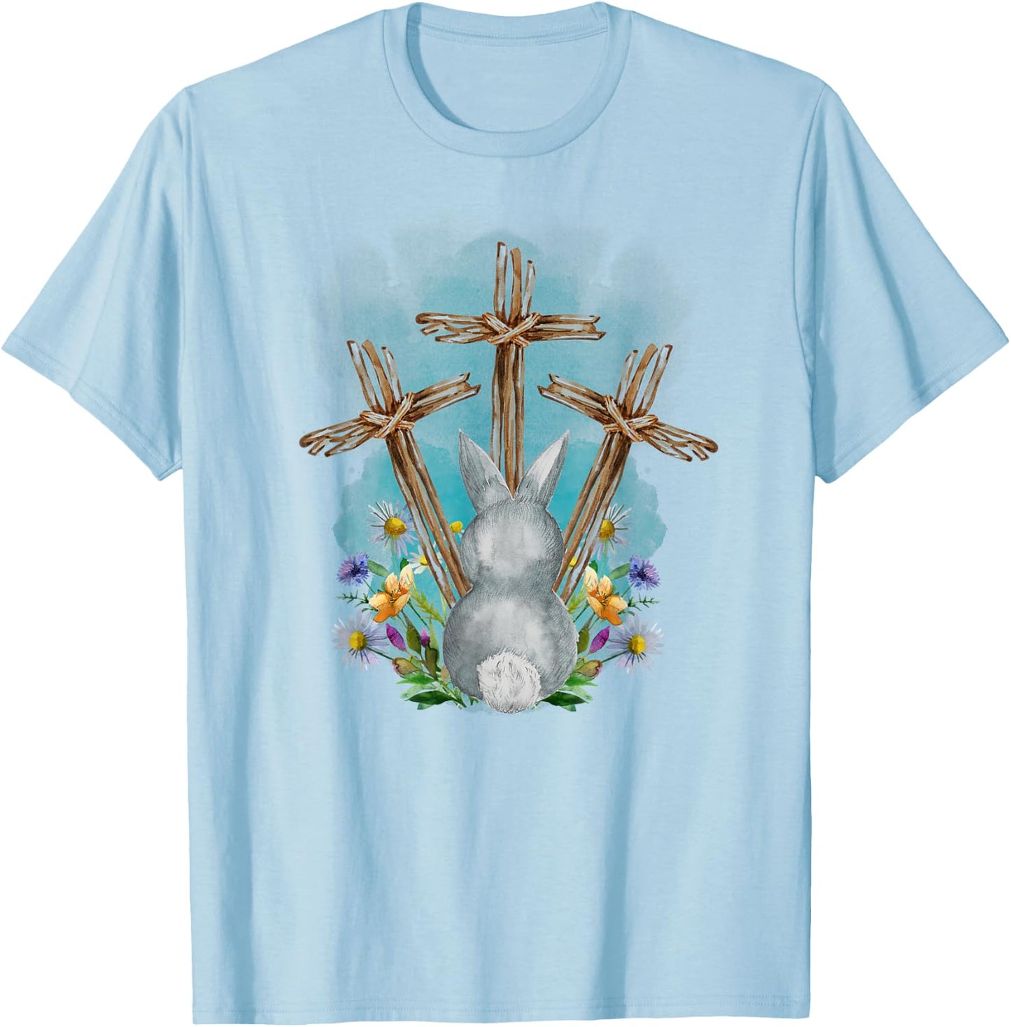 Easter Bunny with Trio Crosses Inspirational Christian Faith T-Shirt - T-Shirt | Light Blue