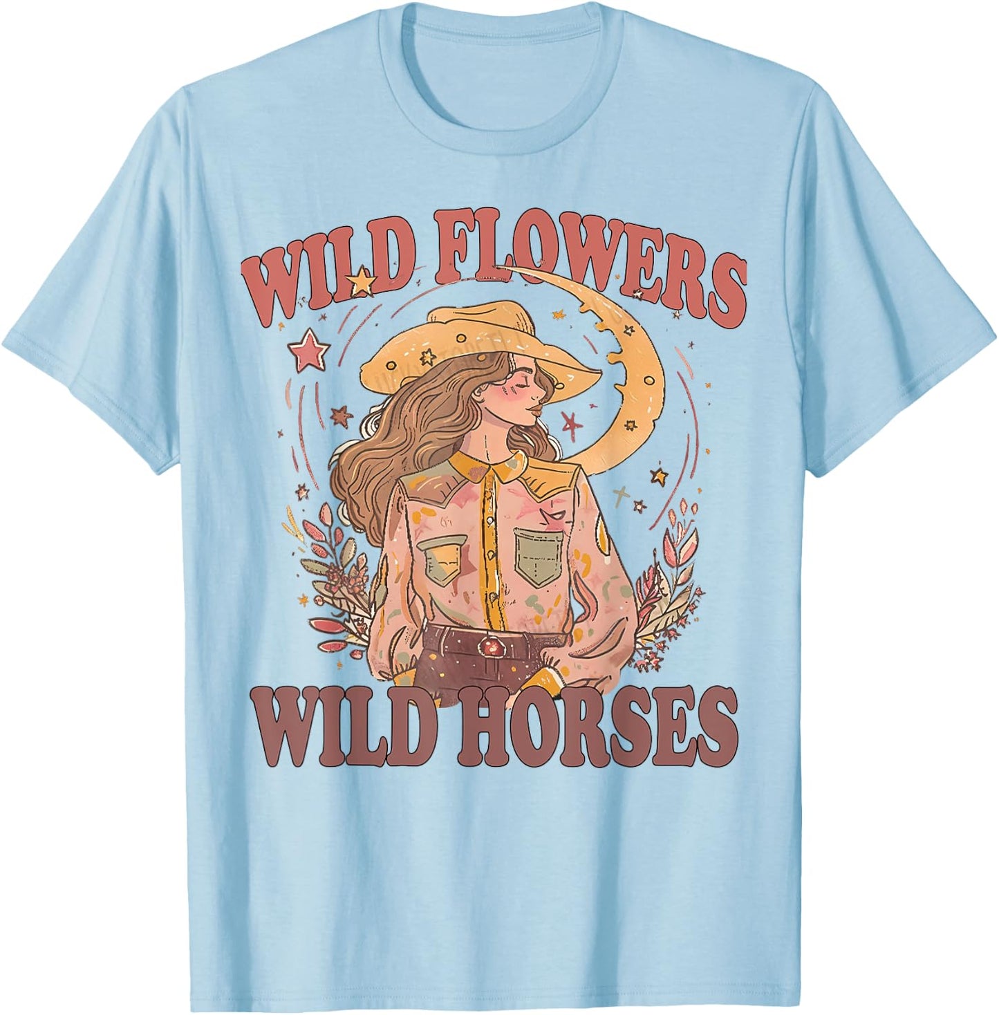 Floral Cowgirl Riding Horse Wild Flowers Wild Horses T-Shirt - T-Shirt | Light Blue