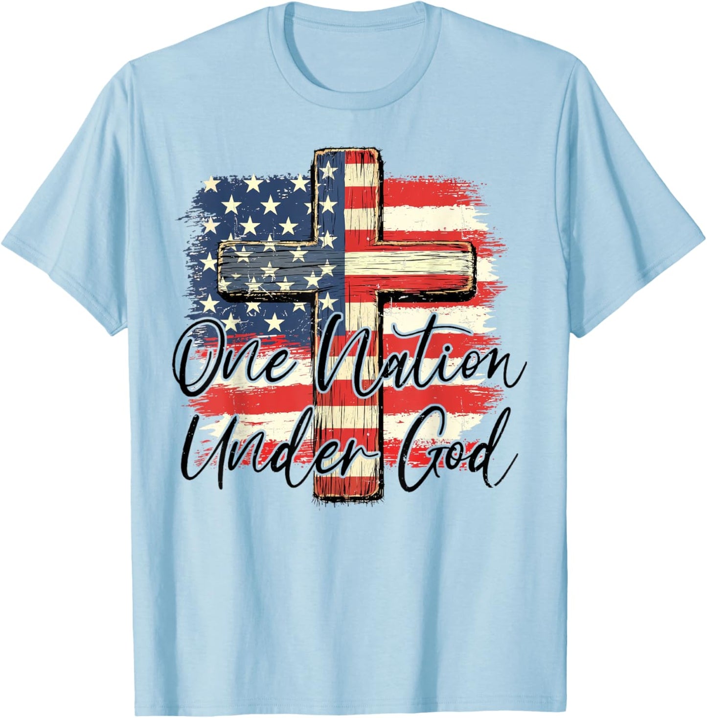 One Nation Under God Cross American Flag 4th Of July T-Shirt - T-Shirt | Light Blue