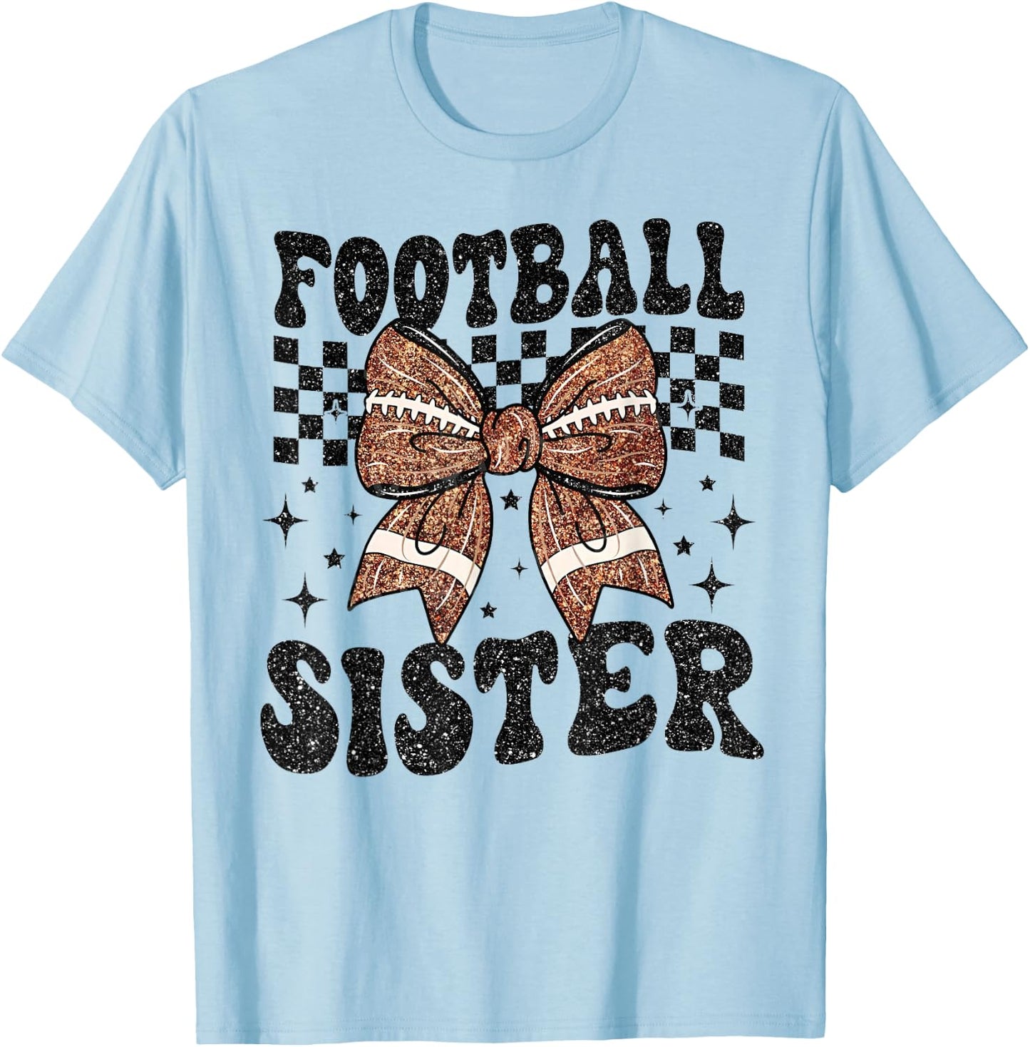 Coquette Bow American Football Sister Game Day Thanksgiving T-Shirt - T-Shirt | Light Blue