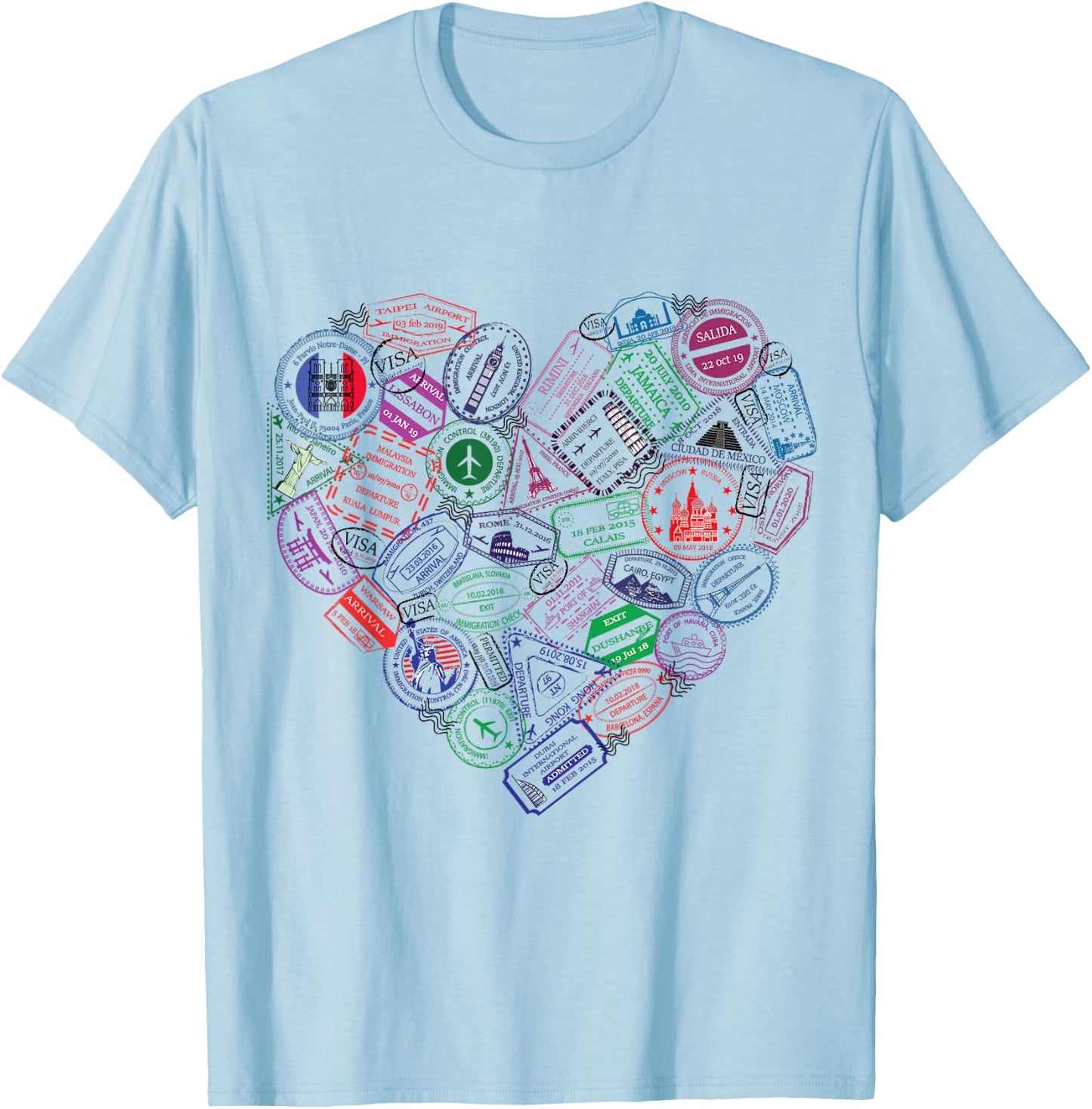Heart Shaped Passport Travel Stamps Gift T-Shirt - T-Shirt | Light Blue